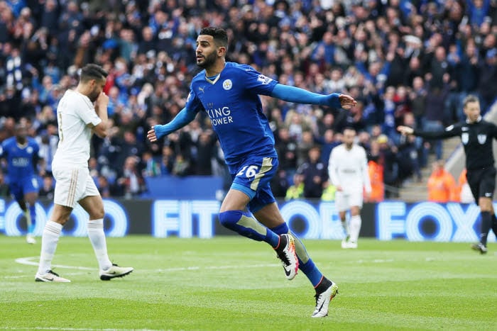 Riyad Mahrez of Leicester City celebrates scoring the opening goal during the Barclays Premier League match between Leicester City and Swansea City played at The King Power Stadium, Leicester on April 24th 2016