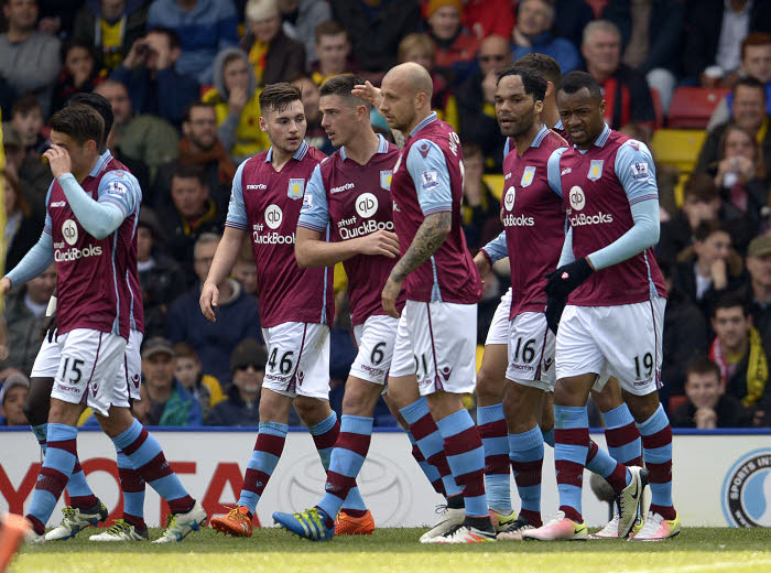 Ciaran Clark of Aston Villa scores and celebrates 0-1 during the Barclays Premier League match between Watford and Aston Villa played at Vicarage Road, Watford on April 30th 2016