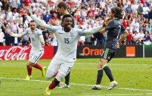 Daniel Sturridge of England celebrates scoring the second goal during the UEFA Euro 2016 Group B match between England and Wales played at The Felix Bollaert-Delelis Stadium, Lens, France on June 16th 2016 Photo : Queenborough / Bpi / Icon Sport