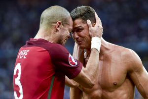 Pepe and Cristiano Ronaldo during the European Championship Final between Portugal and France at Stade de France on July 10, 2016 in Paris, France. Photo: Florian Ertl / Gepa / Icon Sport