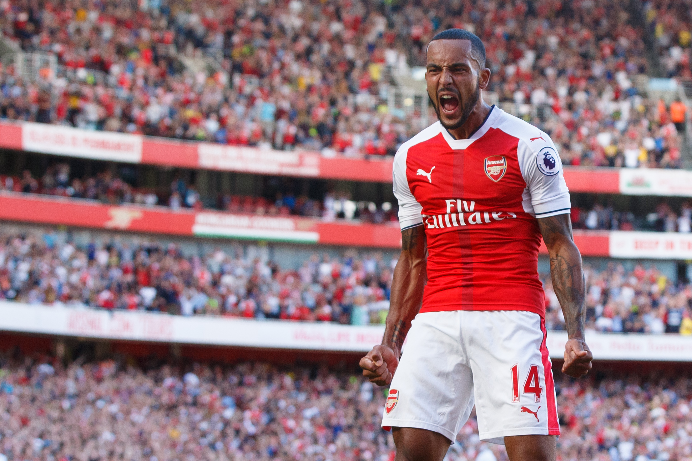 Theo Walcott of Arsenal celebrates scoring a goal after making it 1-0 during the Premier League match between Arsenal and Liverpool played at The Emirates Stadium, London on 14th August 2016 Photo : Queenborough / Bpi / Icon Sport *** Local Caption ***