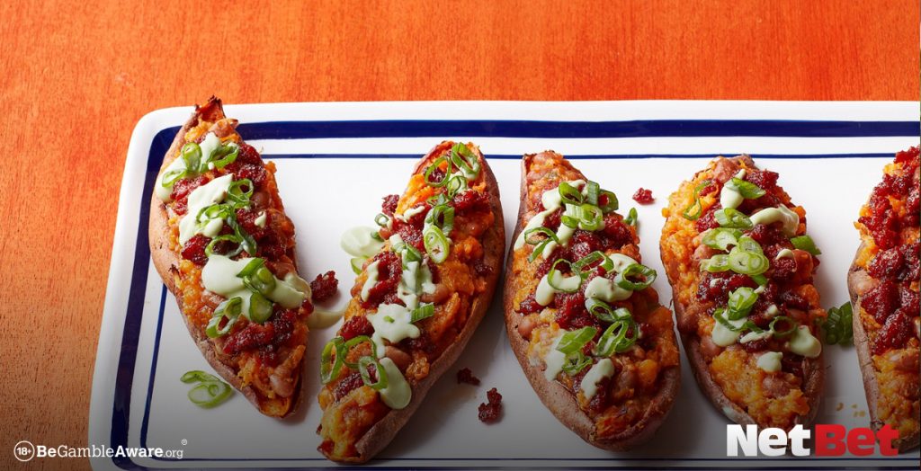Delicious Super Bowl food - stuffed sweet potato skins